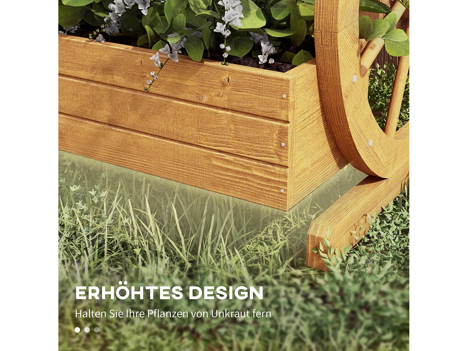 3-laags plantenbak met decoratieve wielen, behandeld hout, waterbestendig, natuurlijk (61x62x57 cm)