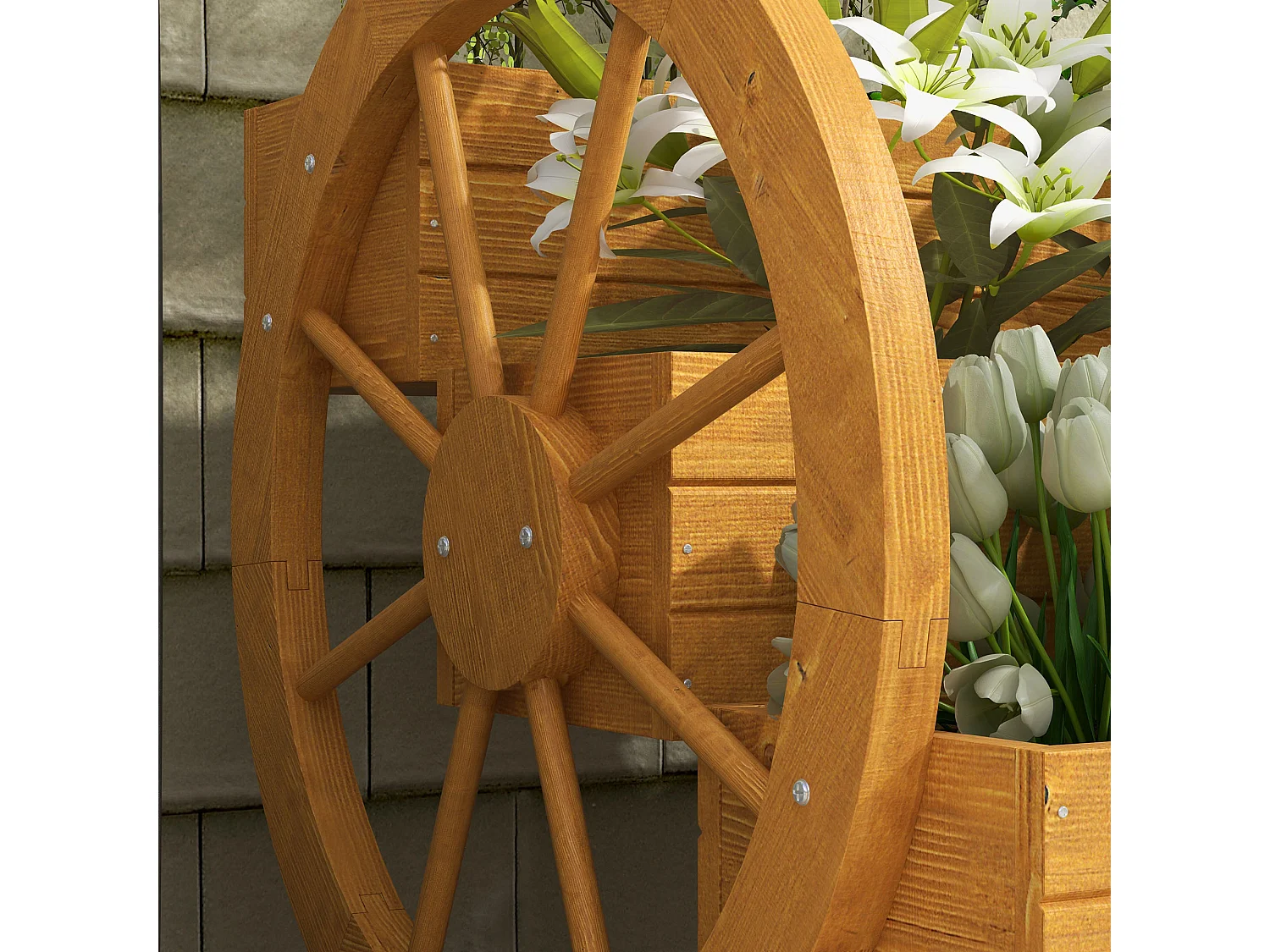 3-laags plantenbak met decoratieve wielen, behandeld hout, waterbestendig, natuurlijk (61x62x57 cm)