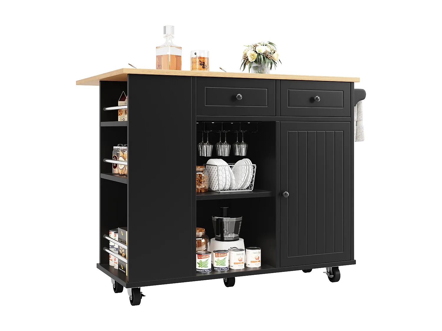 Isla de cocina con tabiques extraíbles, encimera, MDF y metal, color negro (120x42x91,5 cm)