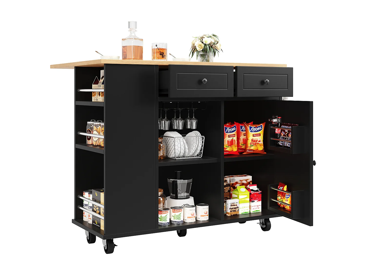 Isla de cocina con tabiques extraíbles, encimera, MDF y metal, color negro (120x42x91,5 cm)