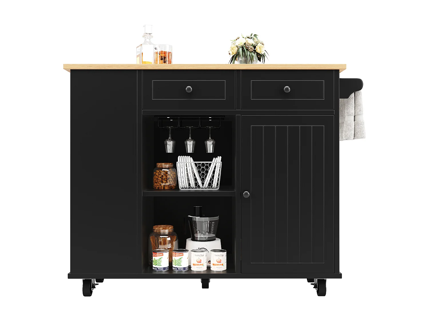 Isla de cocina con tabiques extraíbles, encimera, MDF y metal, color negro (120x42x91,5 cm)