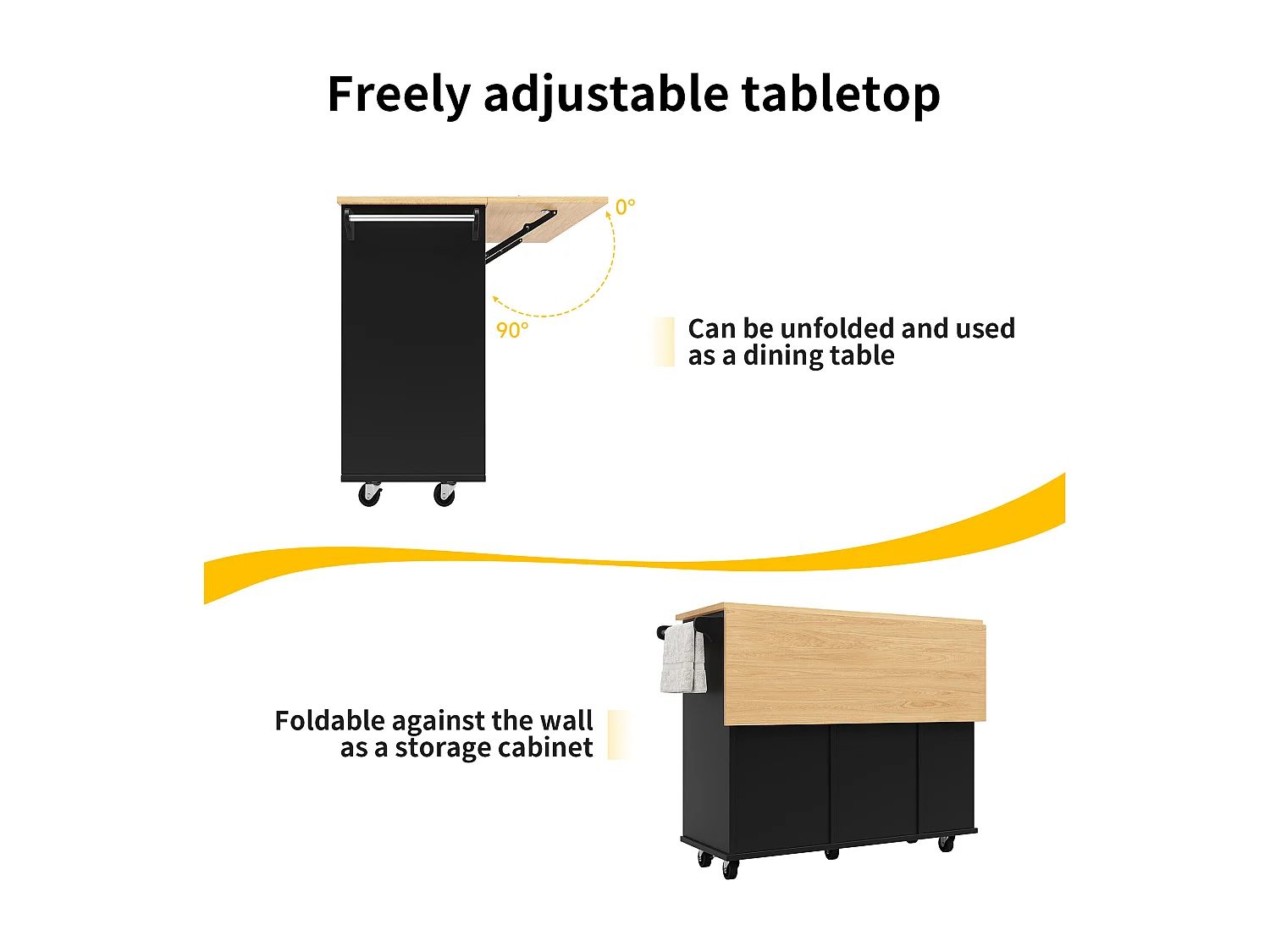 Isla de cocina con tabiques extraíbles, encimera, MDF y metal, color negro (120x42x91,5 cm)