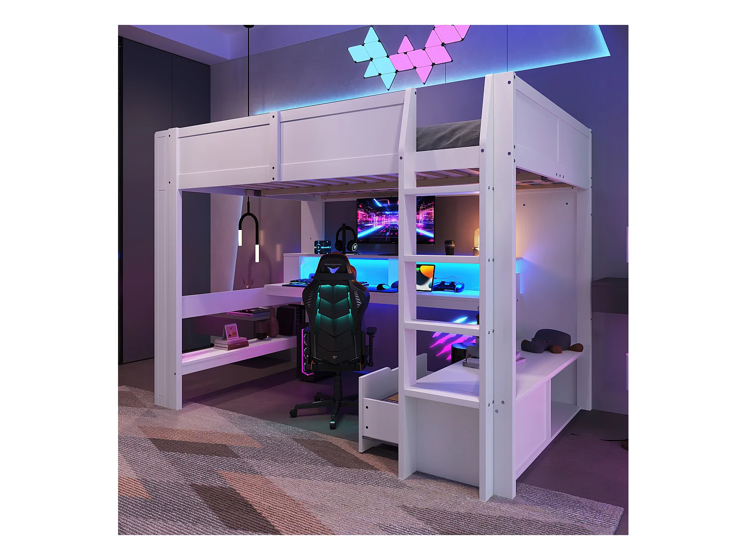 Lit mezzanine, 140x200 cm, avec bureau, LED, tiroirs, étagères, blanc (218x153x155 cm)