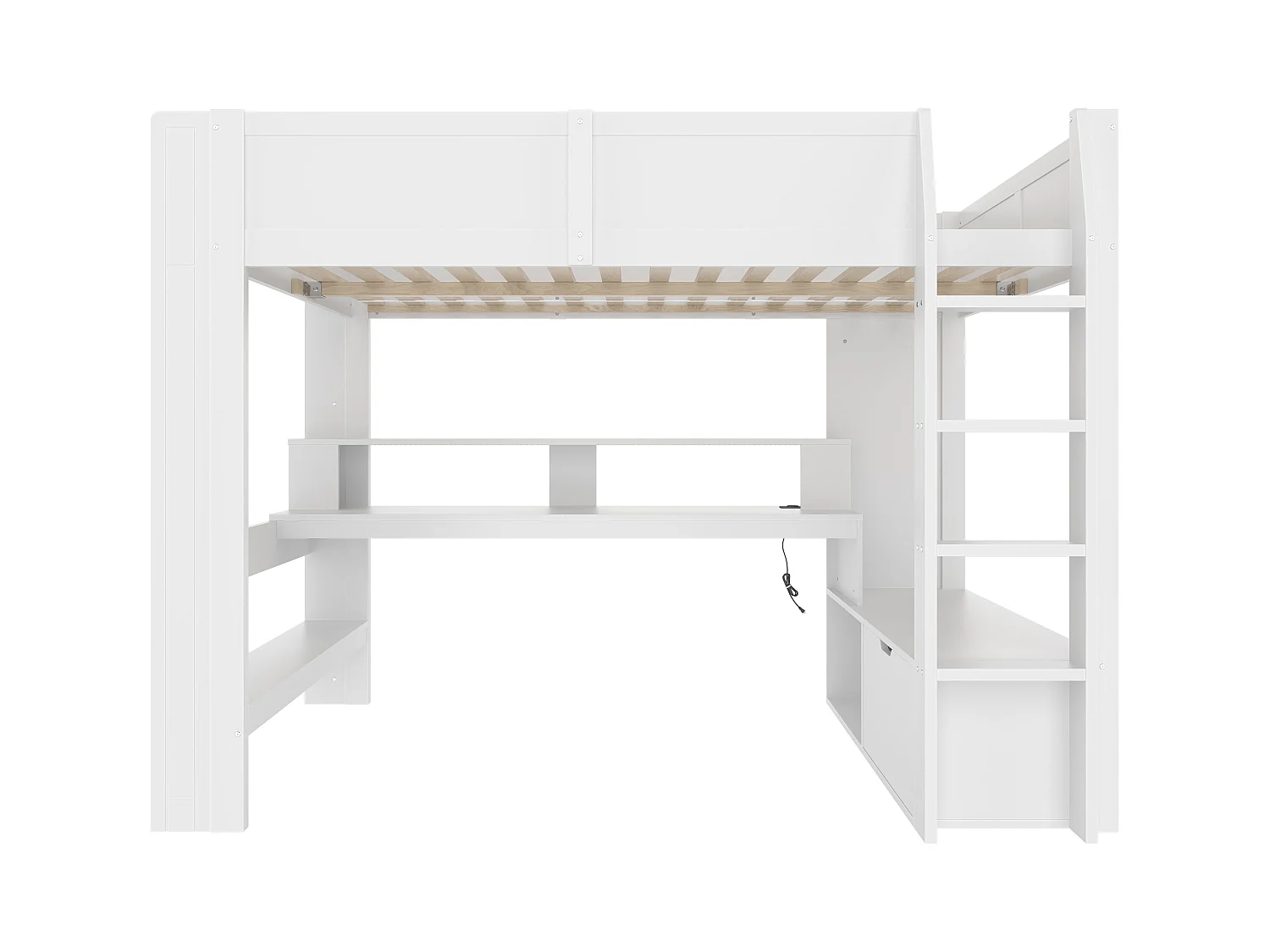 Lit mezzanine, 140x200 cm, avec bureau, LED, tiroirs, étagères, blanc (218x153x155 cm)
