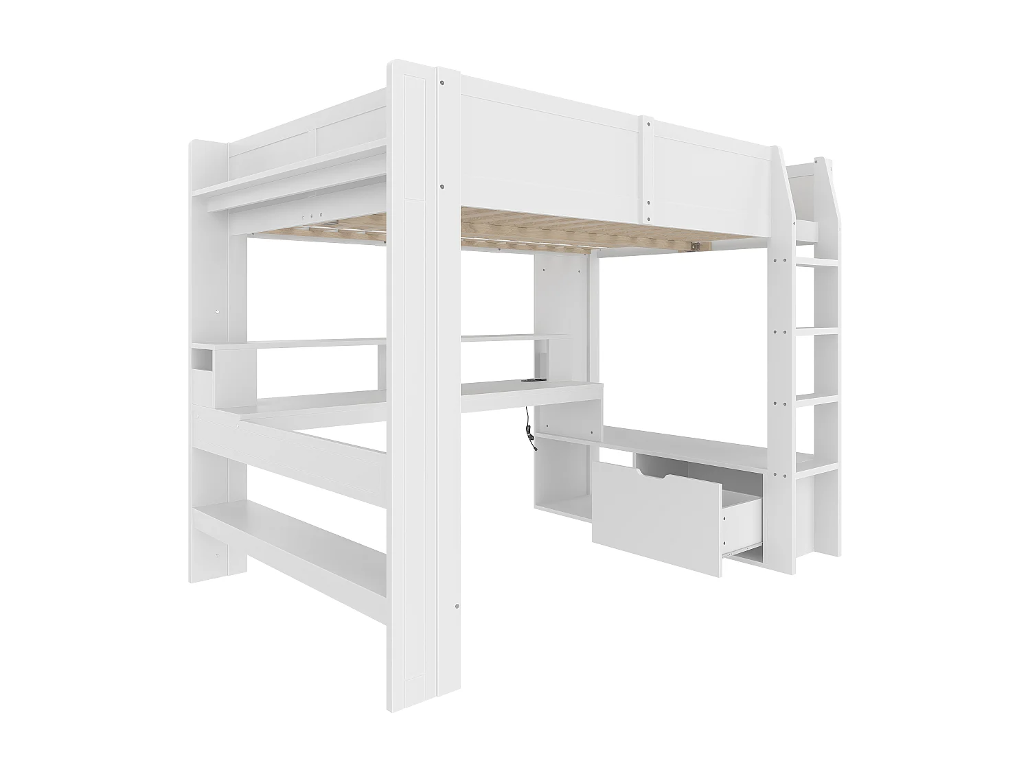 Lit mezzanine, 140x200 cm, avec bureau, LED, tiroirs, étagères, blanc (218x153x155 cm)