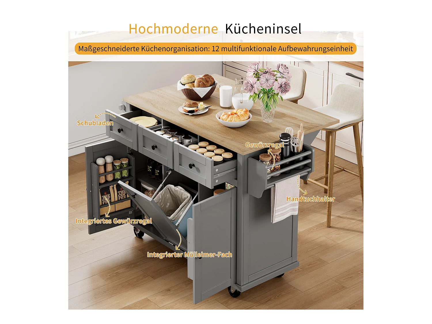 Îlot de cuisine avec roulettes, espace repas extensible, avec poubelle et tiroirs, mobile, idéal pour cuisine et salle à manger(126x46.8x94.2 cm)