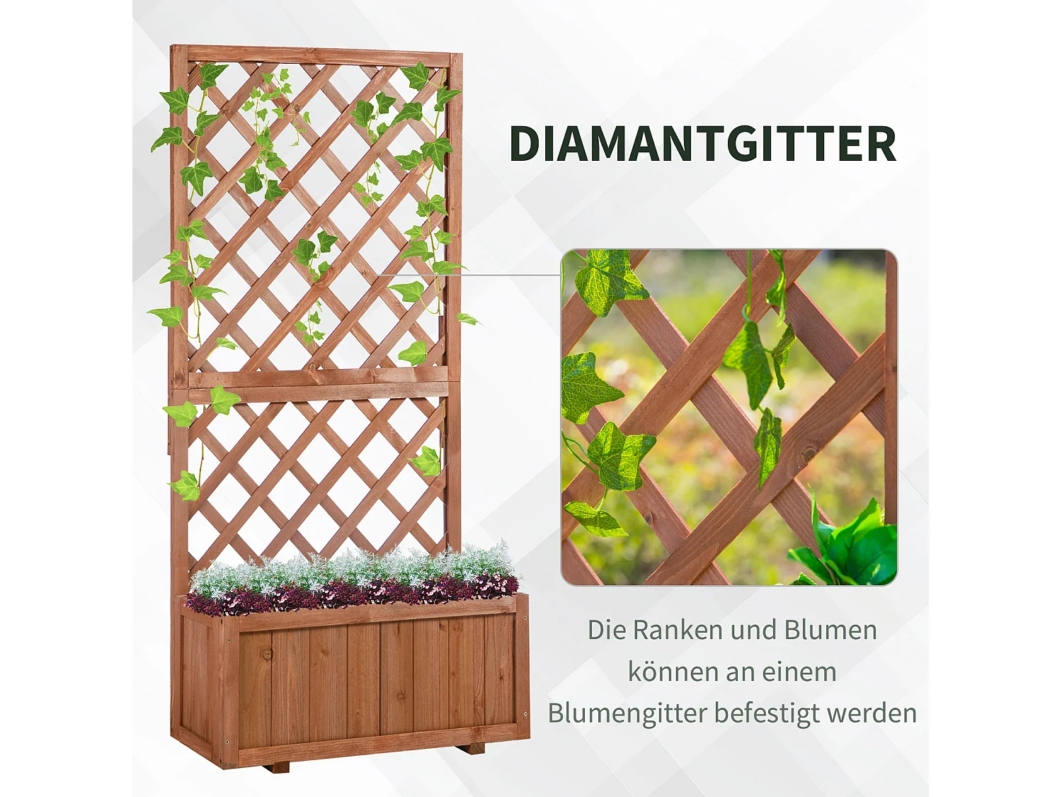 Verhoogde bloembak met trellis, natuurlijk massief hout, oranje rustiek ontwerp (72,5 x 31,5 x 149,5 cm)