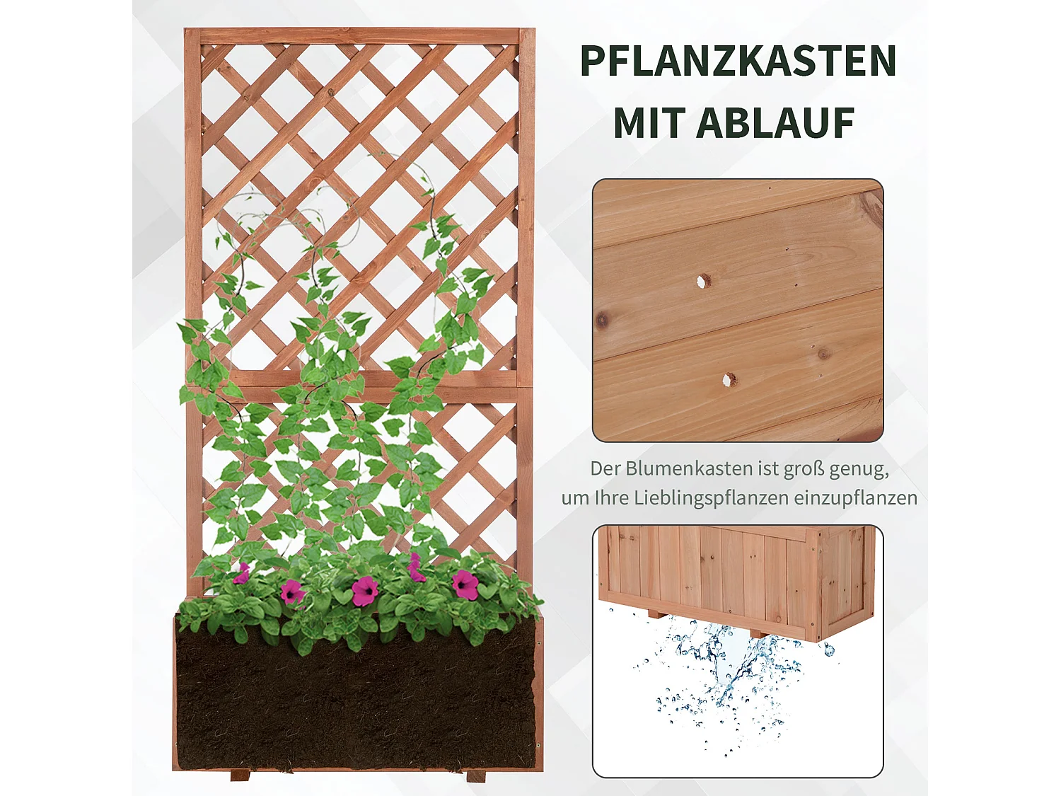 Verhoogde bloembak met trellis, natuurlijk massief hout, oranje rustiek ontwerp (72,5 x 31,5 x 149,5 cm)