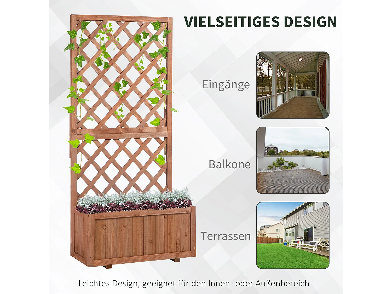 Verhoogde bloembak met trellis, natuurlijk massief hout, oranje rustiek ontwerp (72,5 x 31,5 x 149,5 cm)