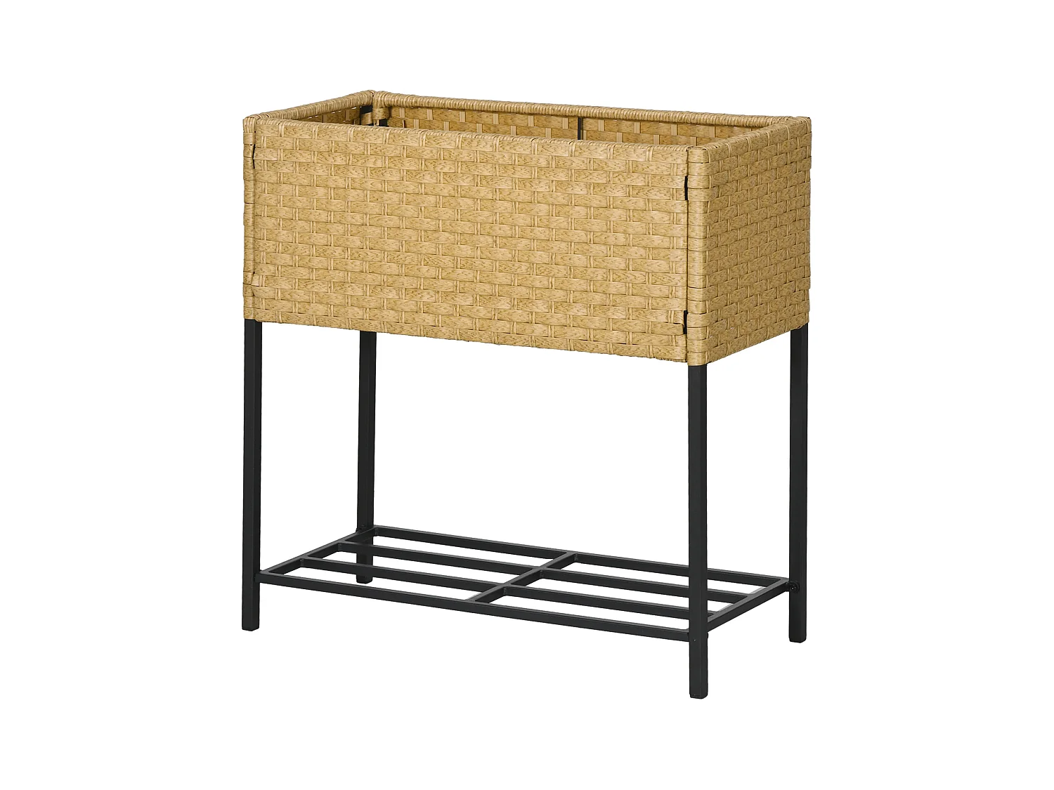 Bac à fleurs surélevé en rotin synthétique avec étagère et pieds, beige (70x30x72 cm)