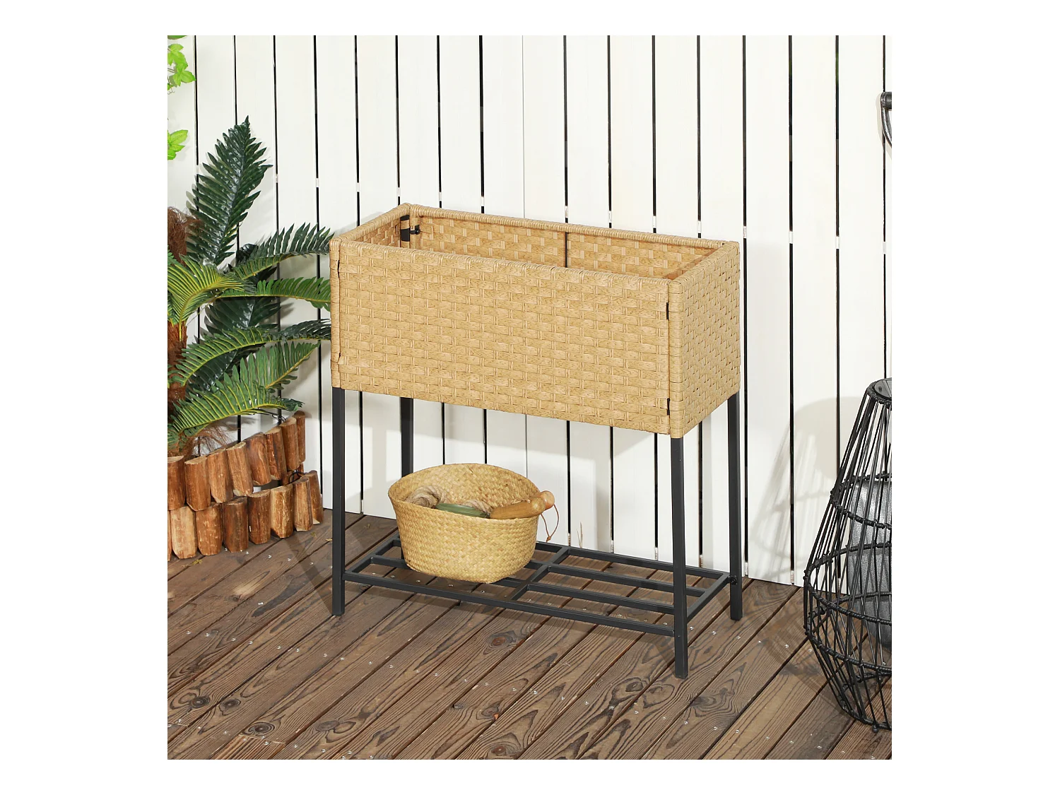 Bac à fleurs surélevé en rotin synthétique avec étagère et pieds, beige (70x30x72 cm)