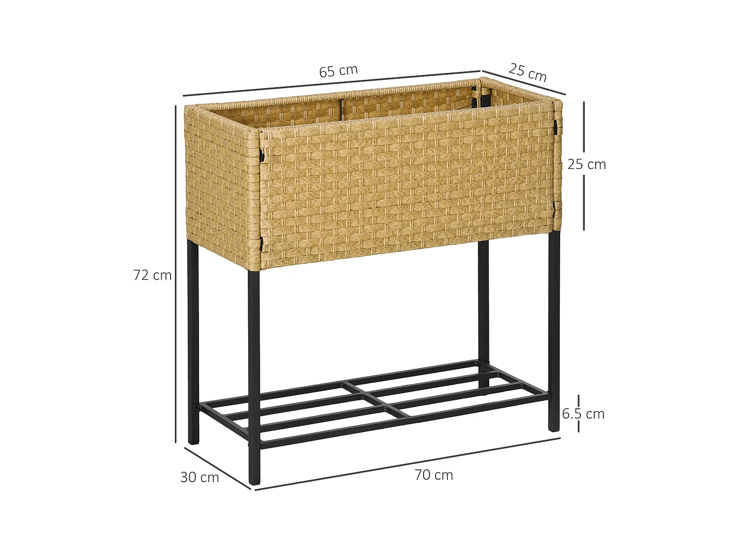 Bac à fleurs surélevé en rotin synthétique avec étagère et pieds, beige (70x30x72 cm)