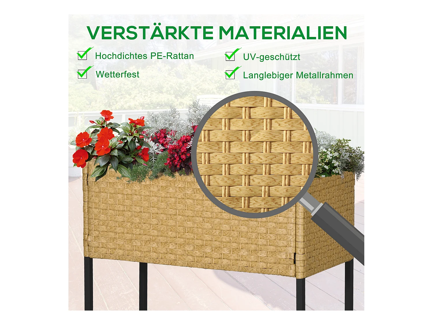 Bac à fleurs surélevé en rotin synthétique avec étagère et pieds, beige (70x30x72 cm)