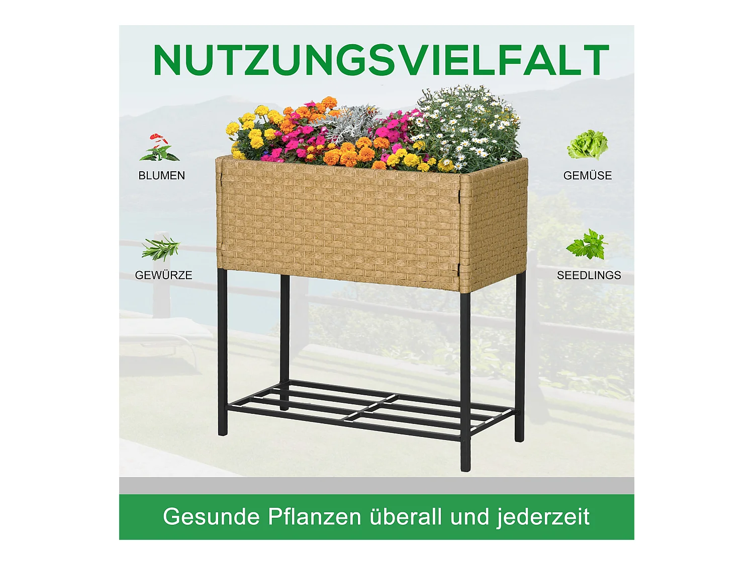 Bac à fleurs surélevé en rotin synthétique avec étagère et pieds, beige (70x30x72 cm)