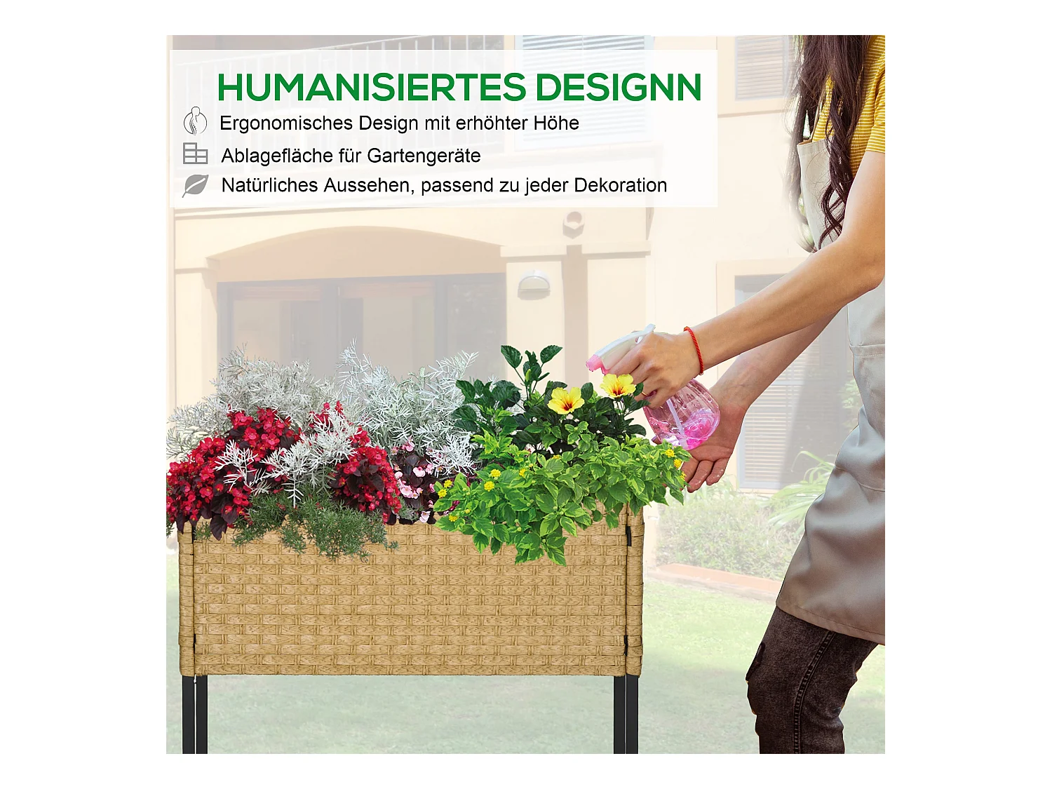 Bac à fleurs surélevé en rotin synthétique avec étagère et pieds, beige (70x30x72 cm)