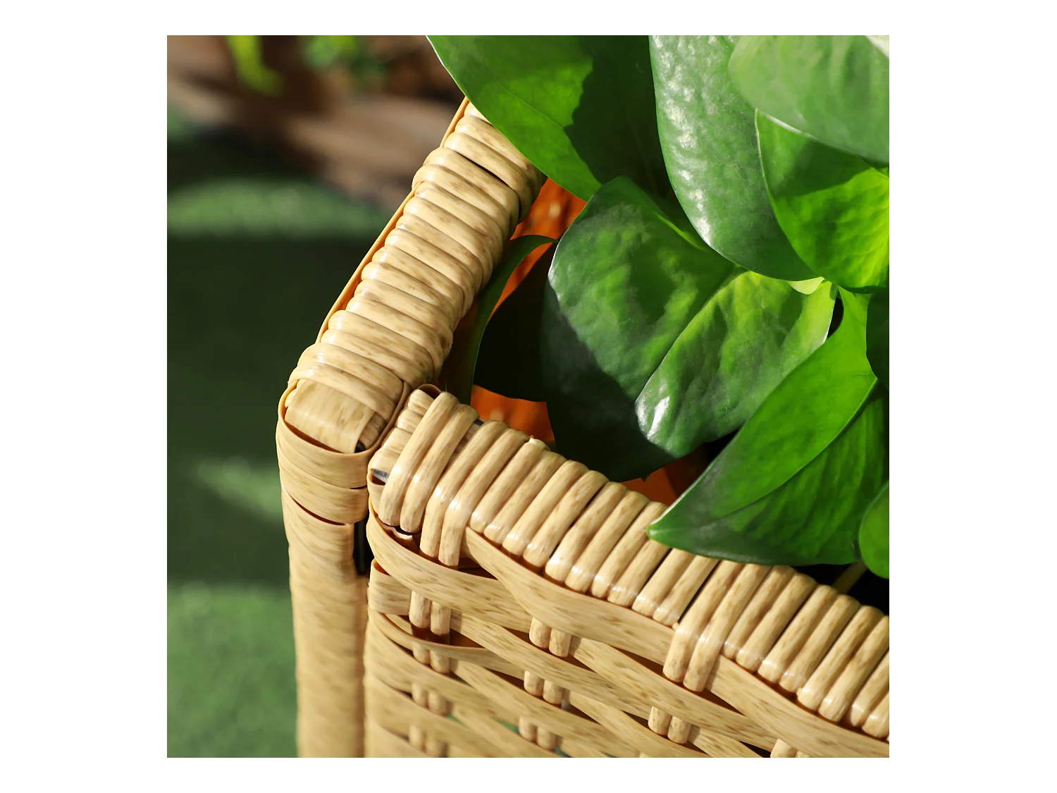 Bac à fleurs surélevé en rotin synthétique avec étagère et pieds, beige (70x30x72 cm)