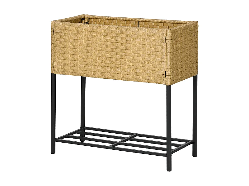 Bac à fleurs surélevé en rotin synthétique avec étagère et pieds, beige (70x30x72 cm)