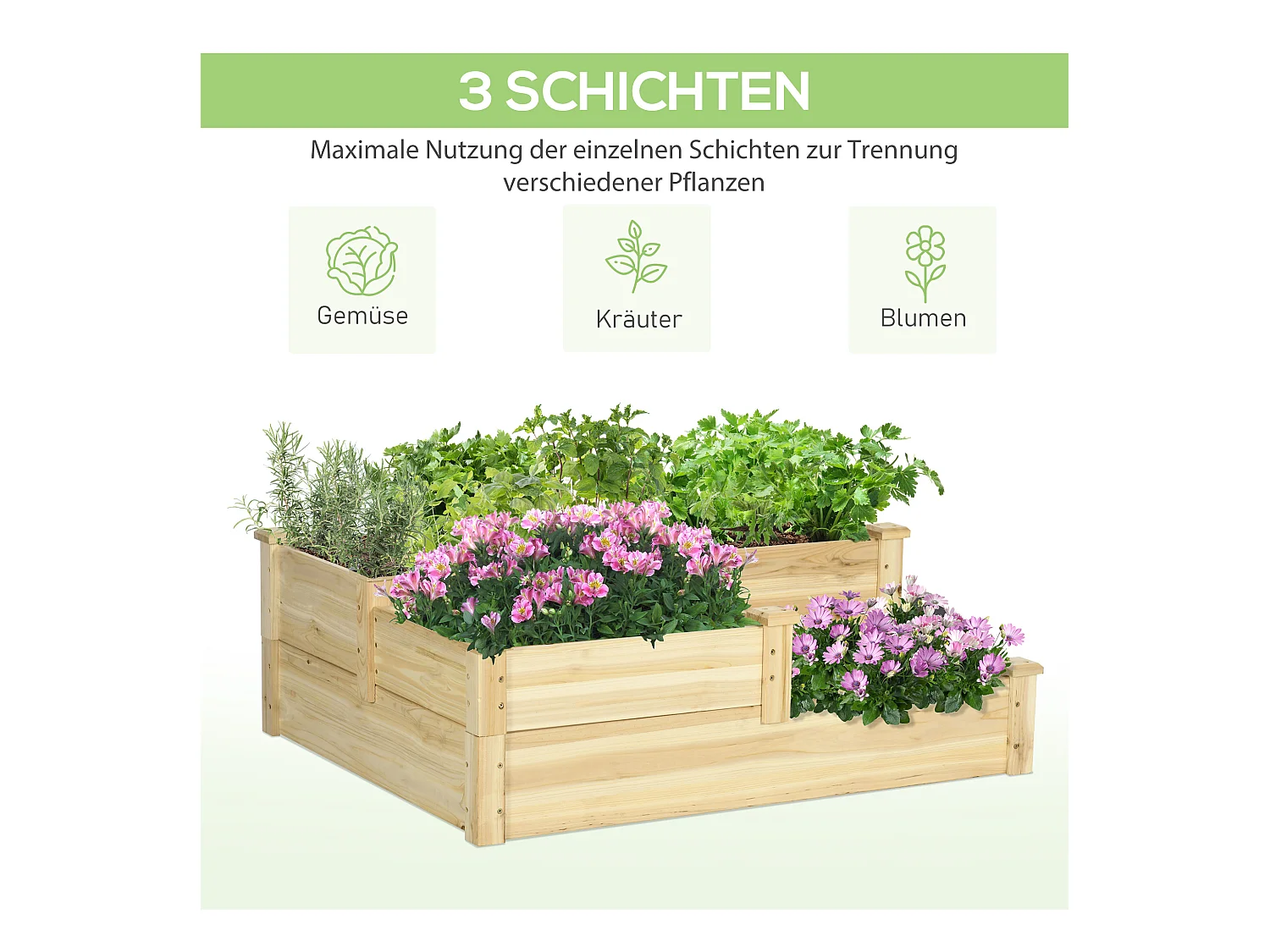 3-laagse houten verticale tuin, plantenladder, voor bloemen, groenten en kruiden, gemaakt van natuurlijk dennenhout (108x88x36 cm)