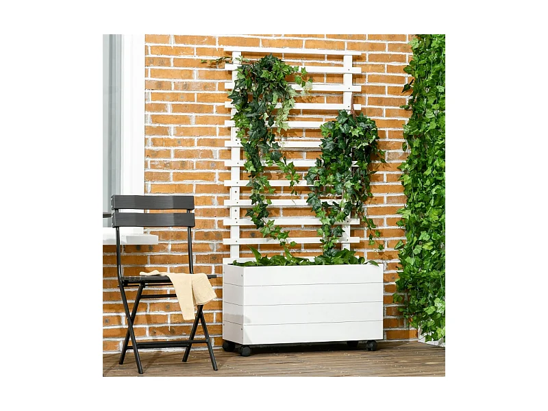 Jardinier avec treillis, boîte à plantes en bois avec roulettes, blanc, pour plantes grimpantes (76x30x155 cm)
