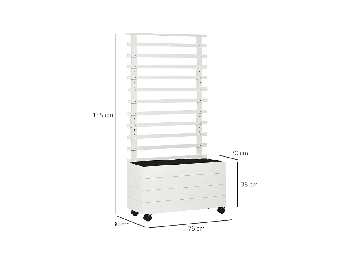 Jardinier avec treillis, boîte à plantes en bois avec roulettes, blanc, pour plantes grimpantes (76x30x155 cm)