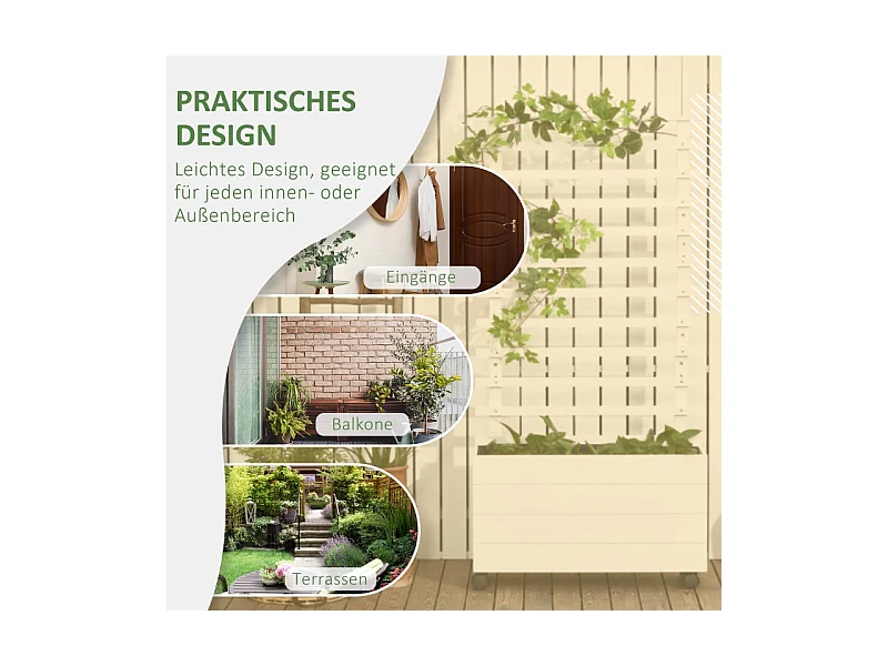 Jardinier avec treillis, boîte à plantes en bois avec roulettes, blanc, pour plantes grimpantes (76x30x155 cm)