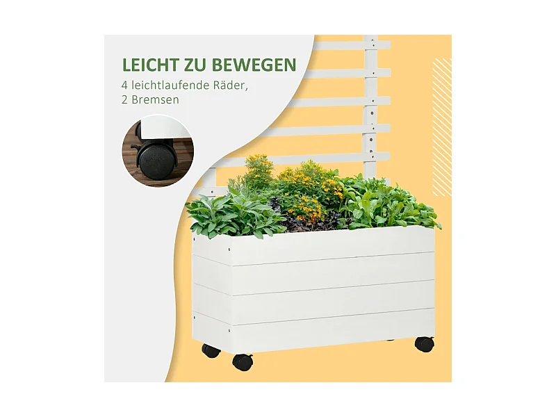 Jardinier avec treillis, boîte à plantes en bois avec roulettes, blanc, pour plantes grimpantes (76x30x155 cm)