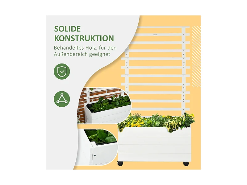 Jardinier avec treillis, boîte à plantes en bois avec roulettes, blanc, pour plantes grimpantes (76x30x155 cm)