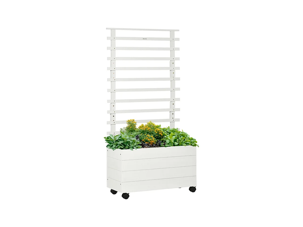 Tuinier met trellis, houten plantenbak met wielen, wit, voor klimplanten (76x30x155 cm)