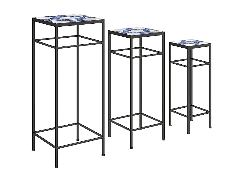 Set van 3 plantenplanken, modern design, metaal, blauw en wit, met 3 verschillende maten (28x28x71 cm)