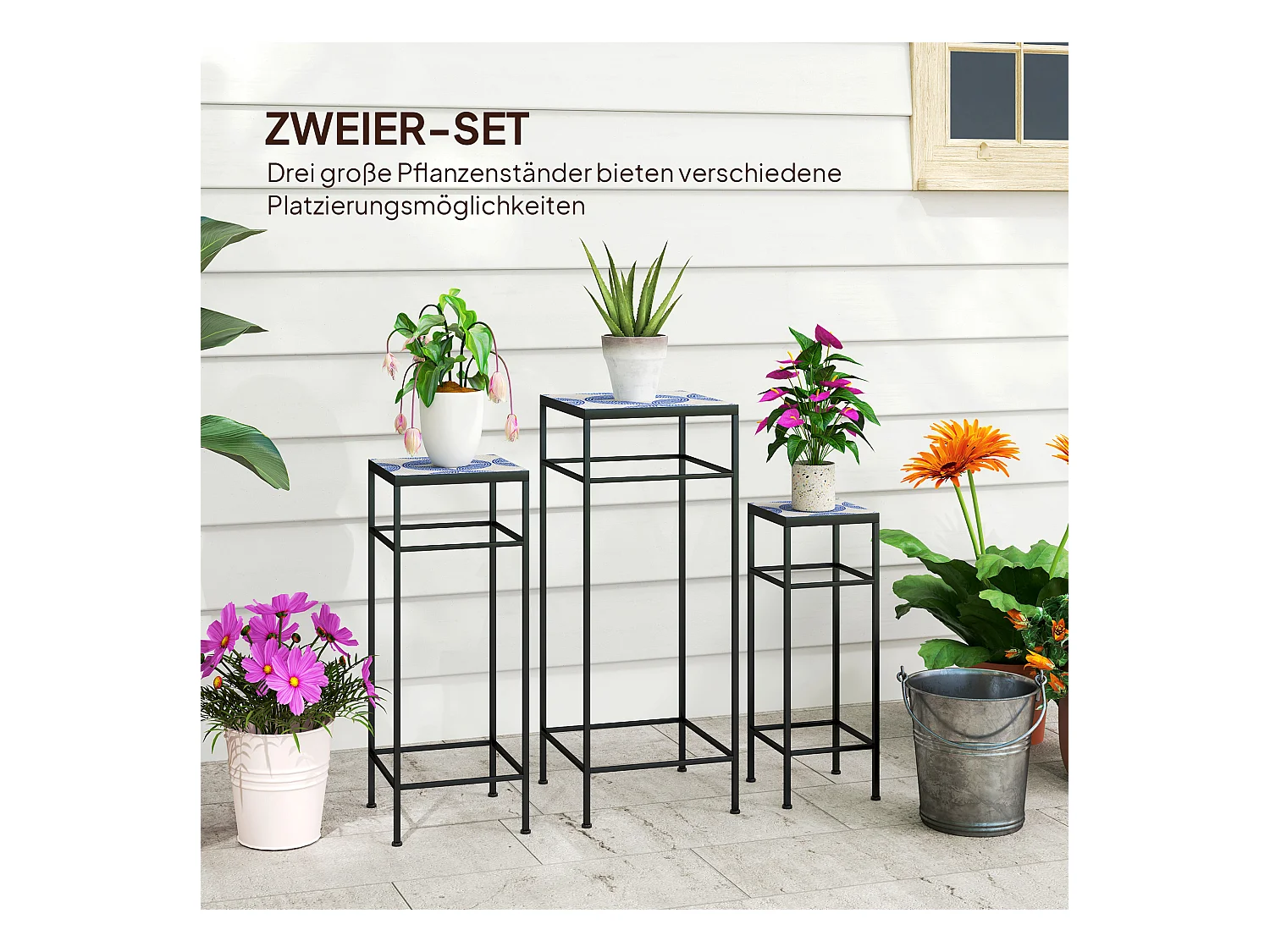 Conjunto de 3 estantes para plantas, diseño moderno, de metal, azul y blanco, con 3 tamaños diferentes (28x28x71 cm)