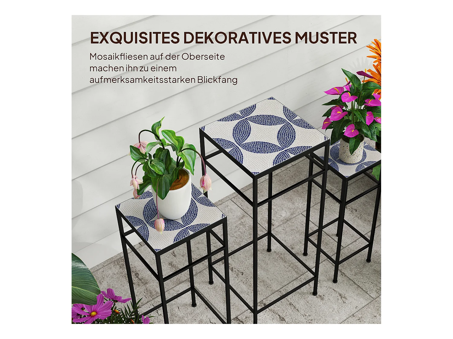 Conjunto de 3 estantes para plantas, diseño moderno, de metal, azul y blanco, con 3 tamaños diferentes (28x28x71 cm)