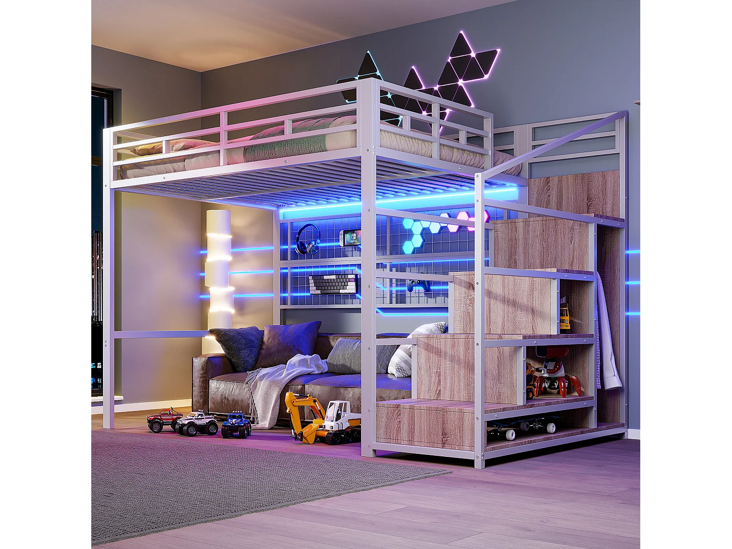 Lit mezzanine, 140x200 cm, avec armoire, échelle de rangement, grilles suspendues, 7 couleurs LED, métal, blanc (254.5x144.5x176 cm)