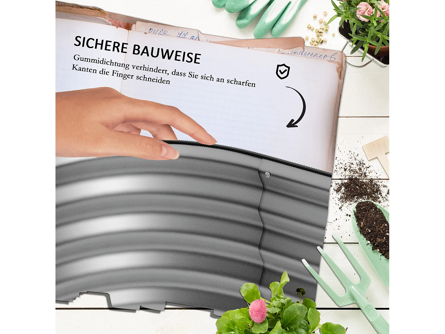 Bac à fleurs en métal avec fond ouvert, modulable, argenté (195x62x30cm)