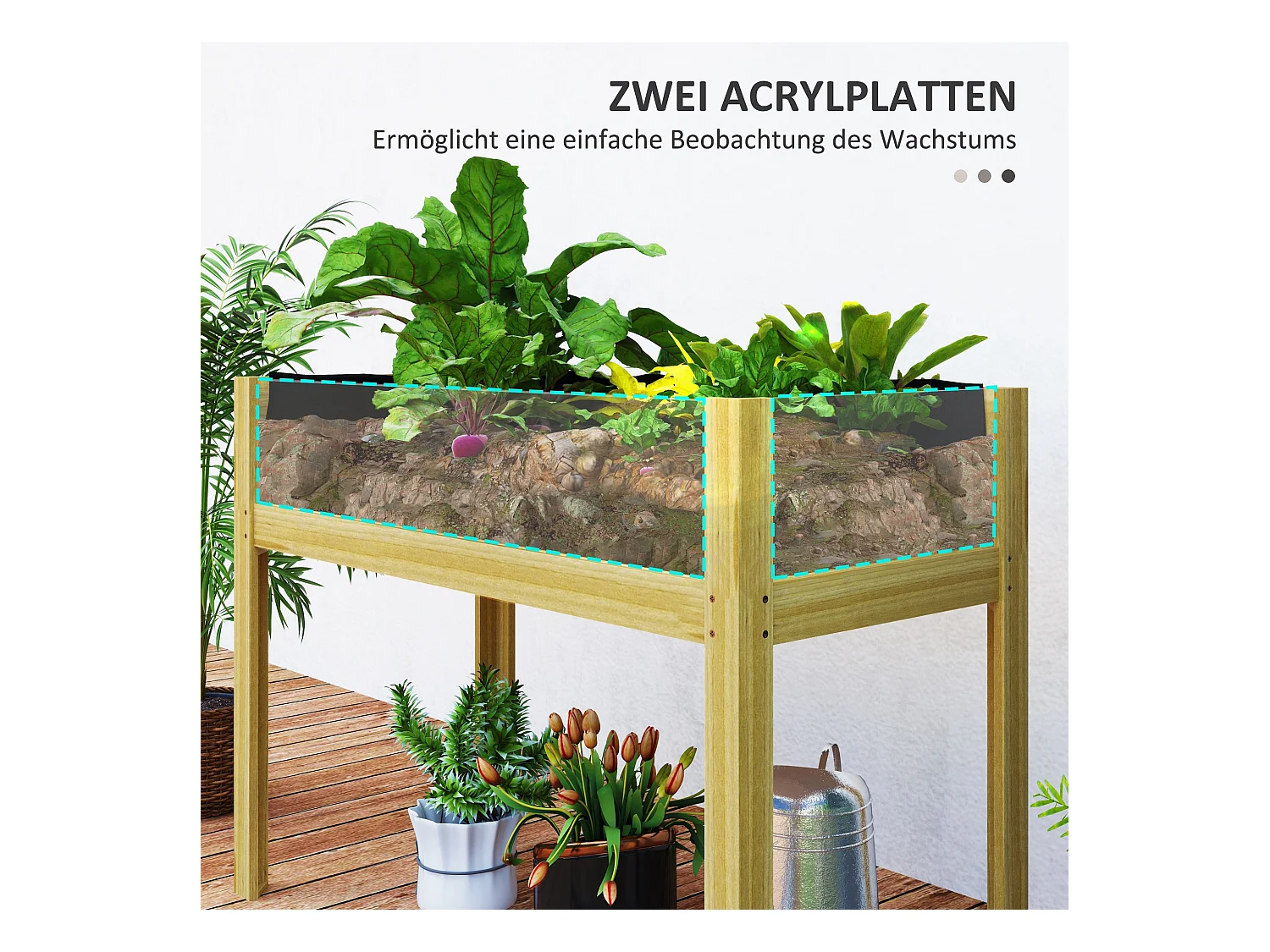 Bac à plantes surélevé avec plaques acryliques, drainage intégré, bois naturel (110x50x80cm)