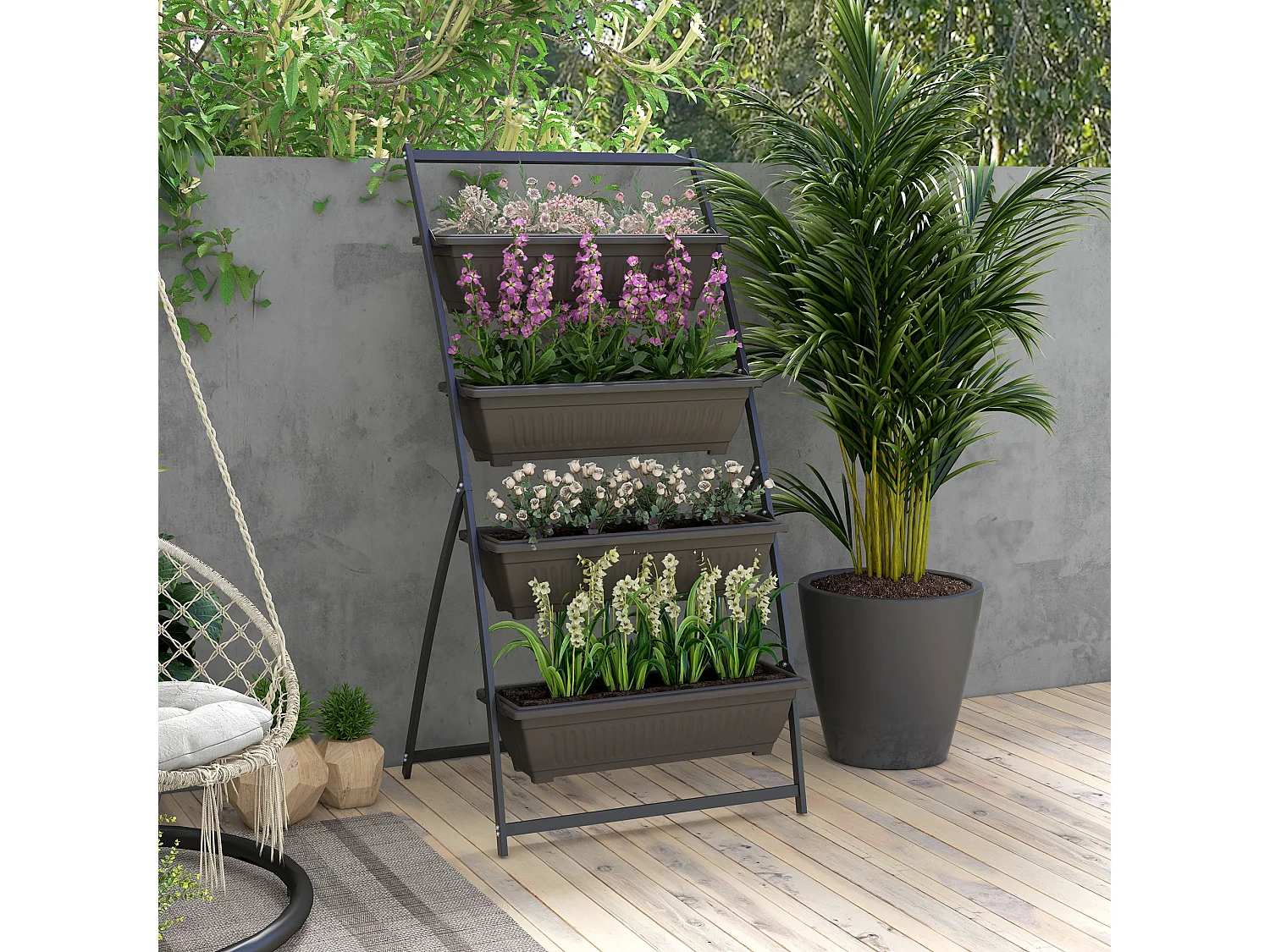 Étagère à plantes 4 niveaux, en acier, avec trous de drainage, bois, brun (76x79x162 cm)