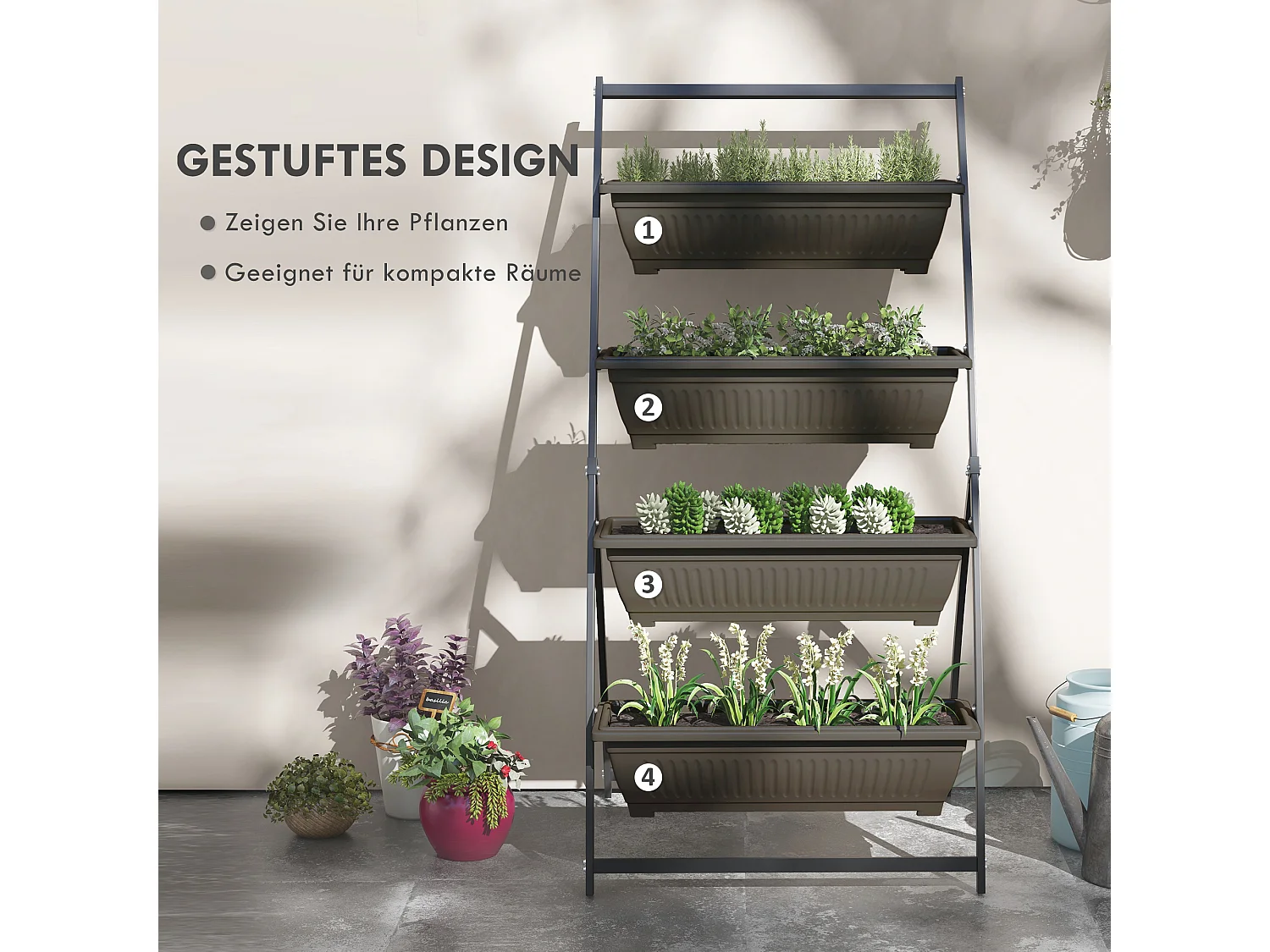 Étagère à plantes 4 niveaux, en acier, avec trous de drainage, bois, brun (76x79x162 cm)