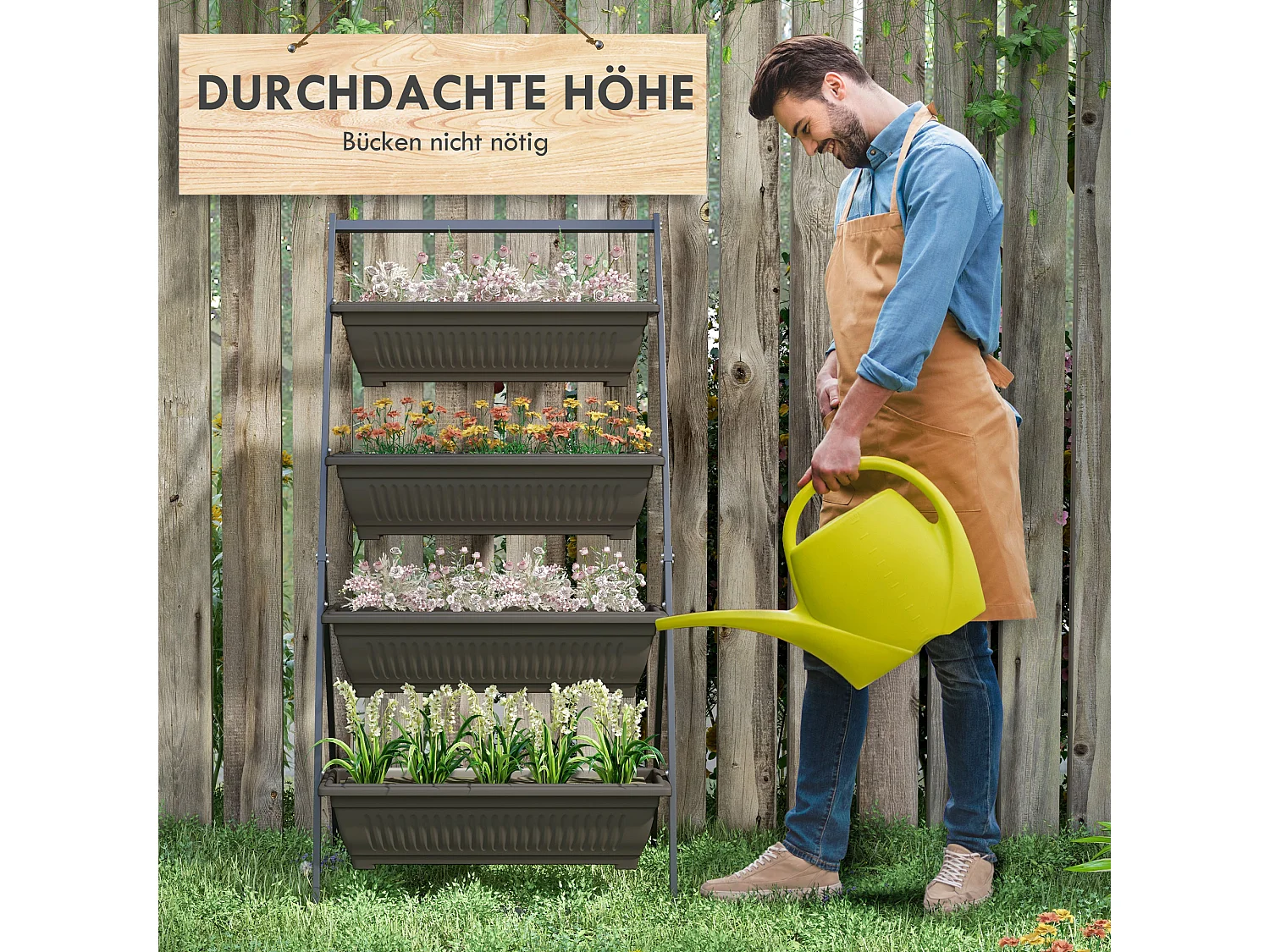 Étagère à plantes 4 niveaux, en acier, avec trous de drainage, bois, brun (76x79x162 cm)