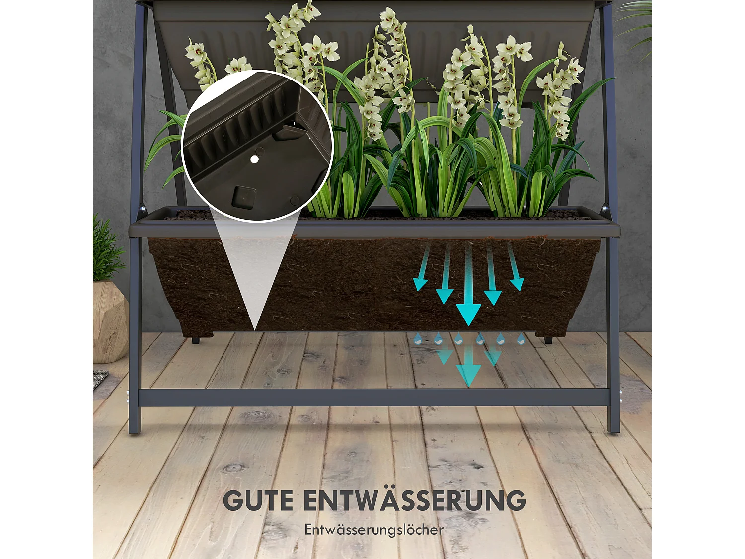 Étagère à plantes 4 niveaux, en acier, avec trous de drainage, bois, brun (76x79x162 cm)