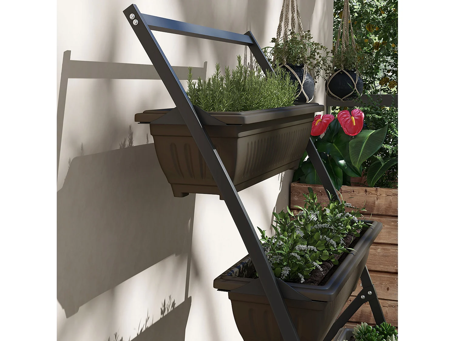 Étagère à plantes 4 niveaux, en acier, avec trous de drainage, bois, brun (76x79x162 cm)