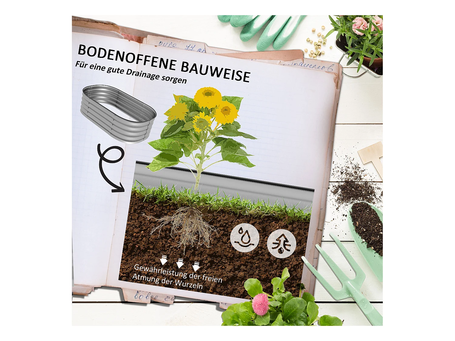 Bac de jardin surélevé, métal, gris (105x62x30 cm)