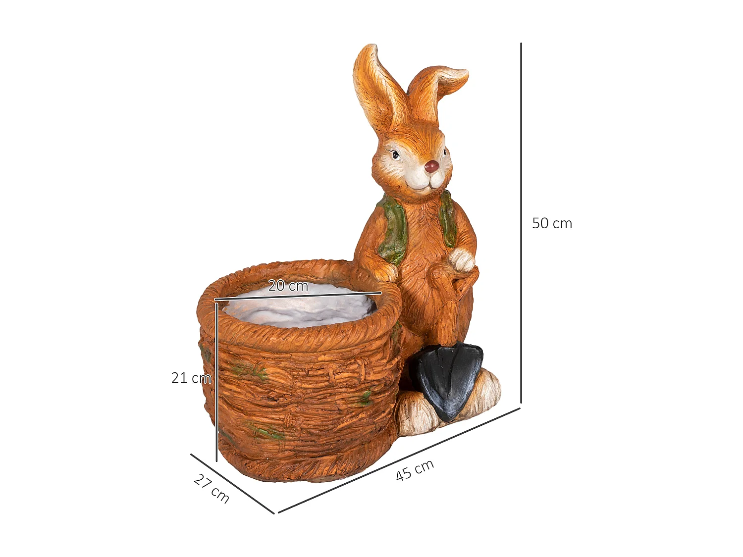 Kaninchen-Blumentopf mit Weidenkorb, Design für draußen und drinnen, Harz, Braun (45x27x50 cm)