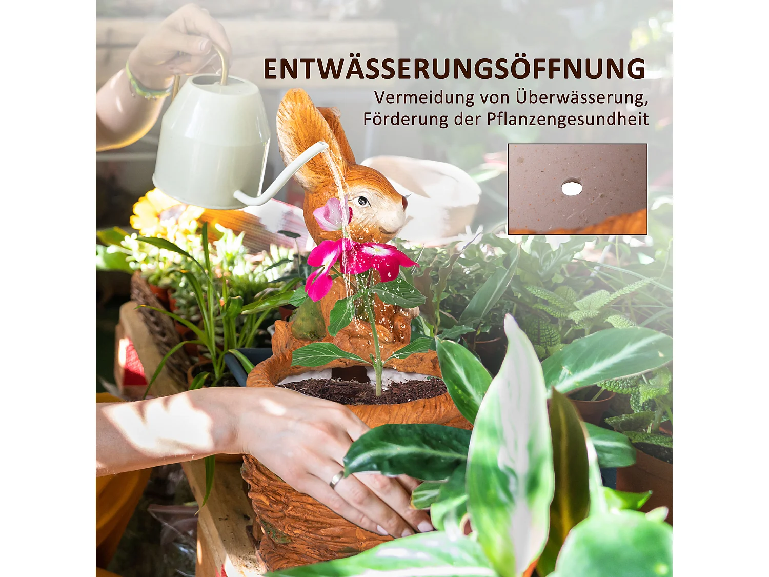 Kaninchen-Blumentopf mit Weidenkorb, Design für draußen und drinnen, Harz, Braun (45x27x50 cm)