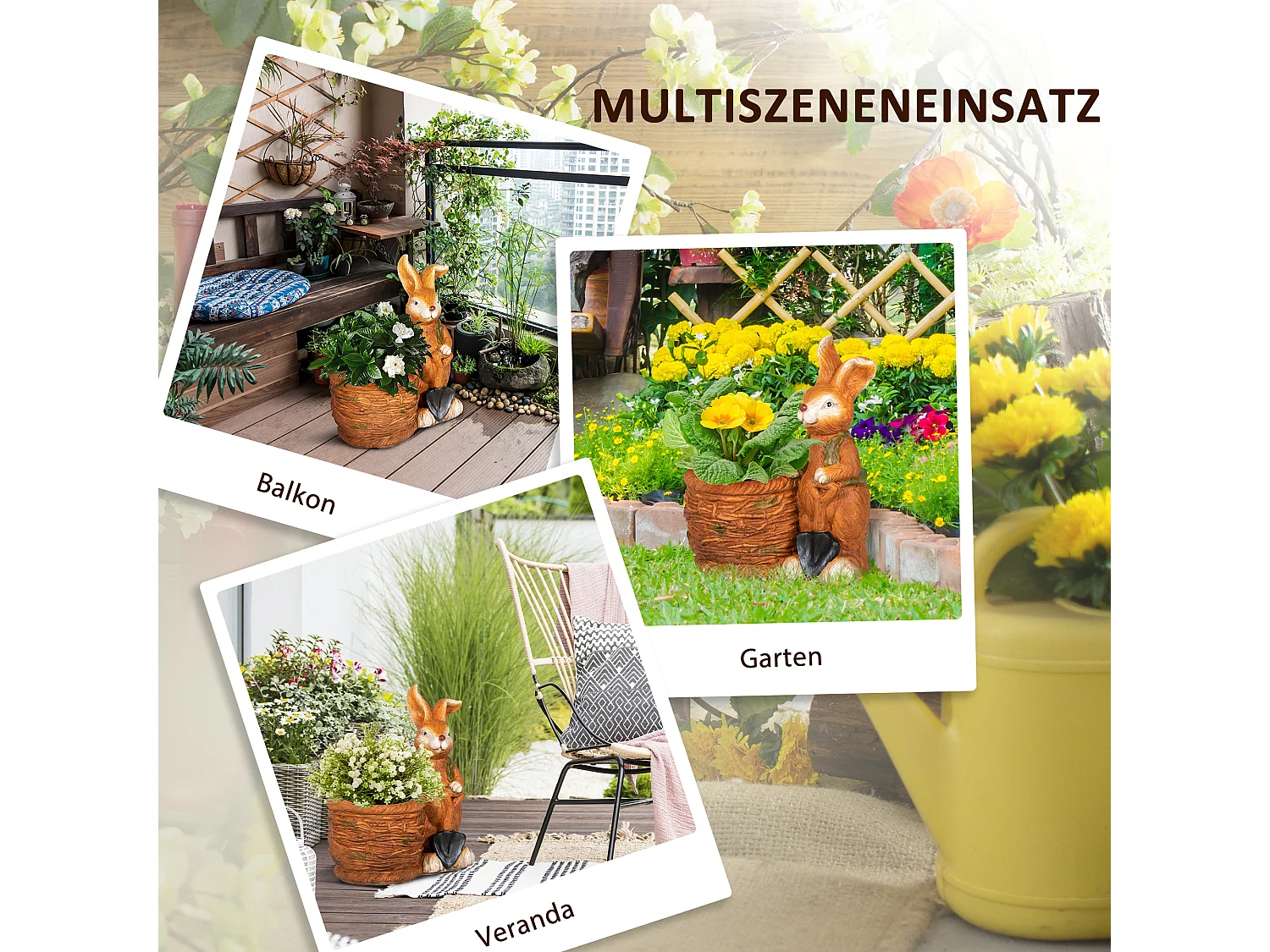 Kaninchen-Blumentopf mit Weidenkorb, Design für draußen und drinnen, Harz, Braun (45x27x50 cm)