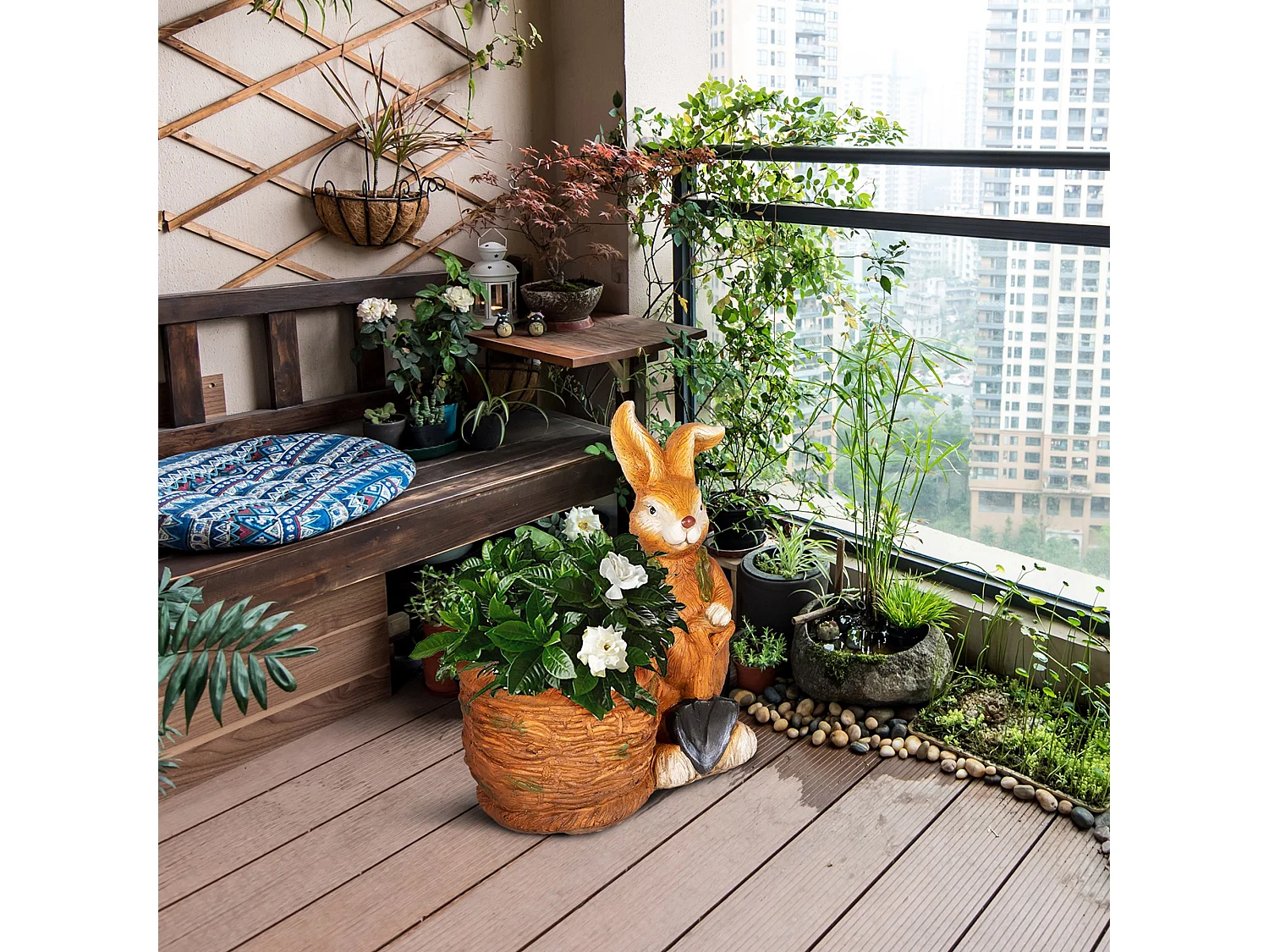 Kaninchen-Blumentopf mit Weidenkorb, Design für draußen und drinnen, Harz, Braun (45x27x50 cm)