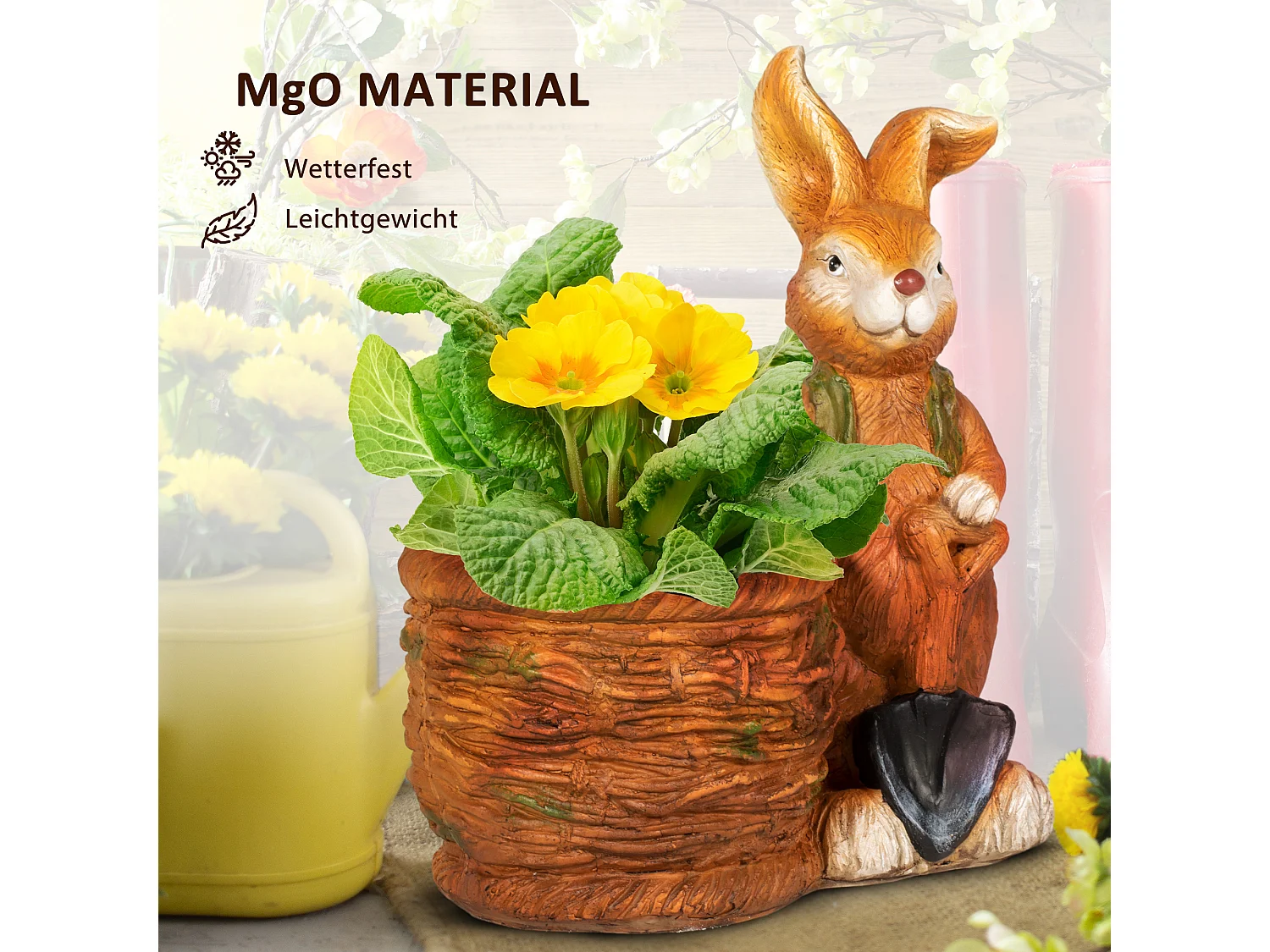 Konijnenbloempot met rieten mand, ontwerp voor buiten en binnen, hars, bruin (45x27x50 cm)