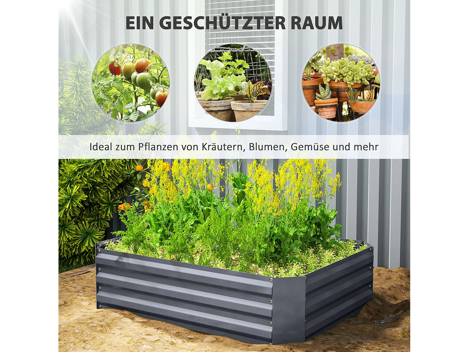 Carré potager en acier galvanisé, empilable, gris foncé (120x90x30cm)