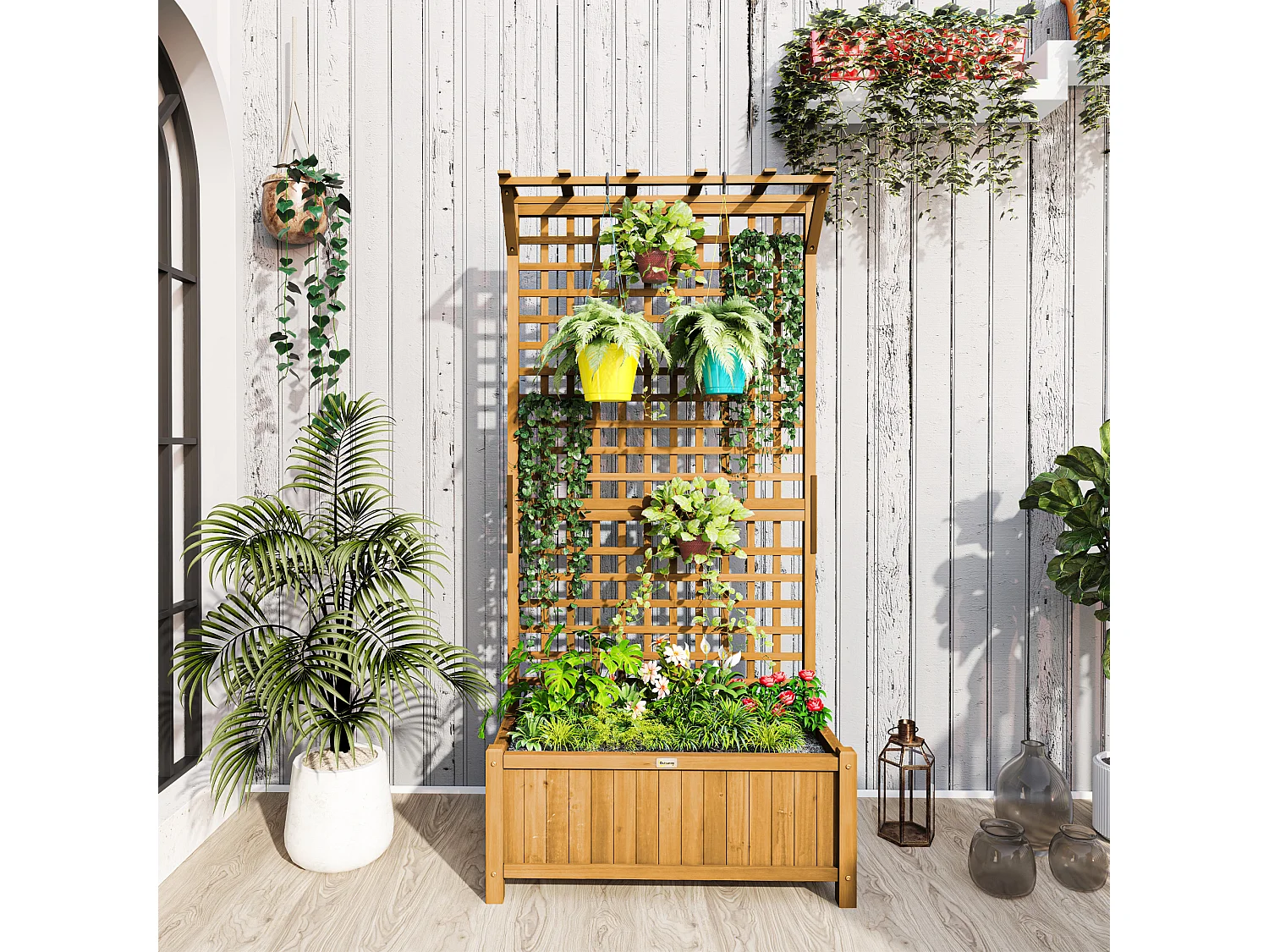 Bac à plantes surélevé avec treillis, bois peint, jaune (90x45x183cm)