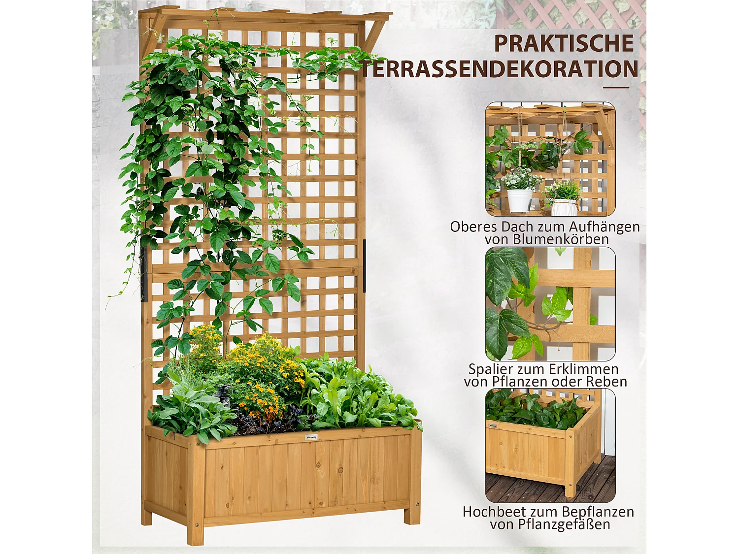 Bac à plantes surélevé avec treillis, bois peint, jaune (90x45x183cm)