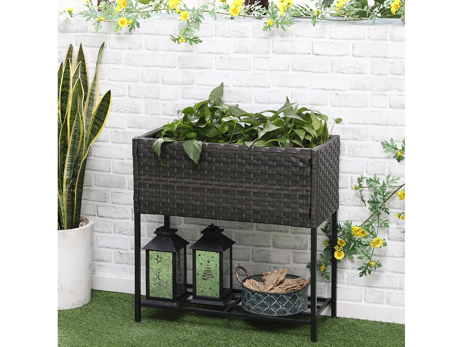 Verhoogde bloembak van polyrotan met plankje, voor tuinbalkonterras, bruin (70x30x72 cm)