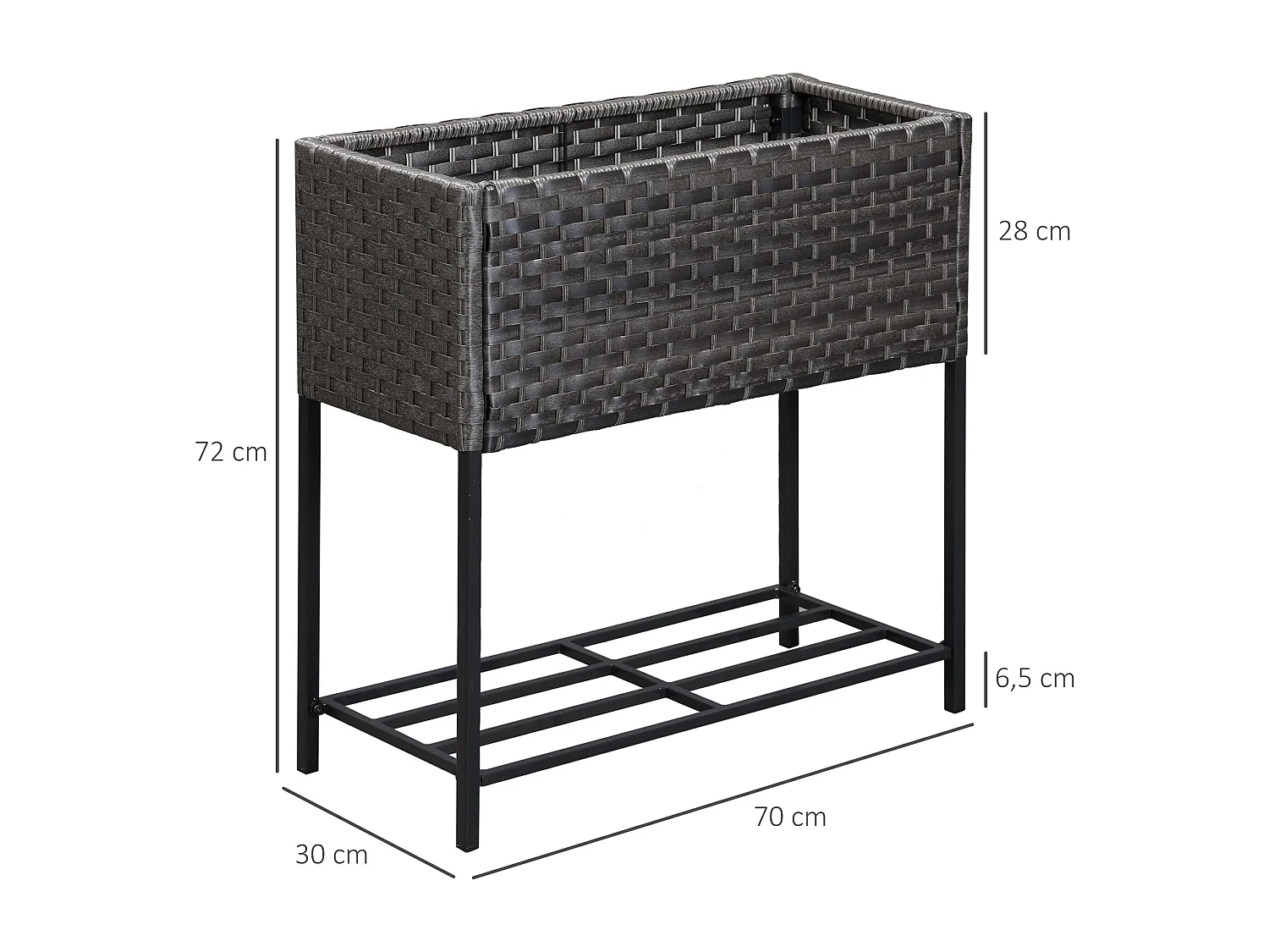 Verhoogde bloembak van polyrotan met plankje, voor tuinbalkonterras, bruin (70x30x72 cm)